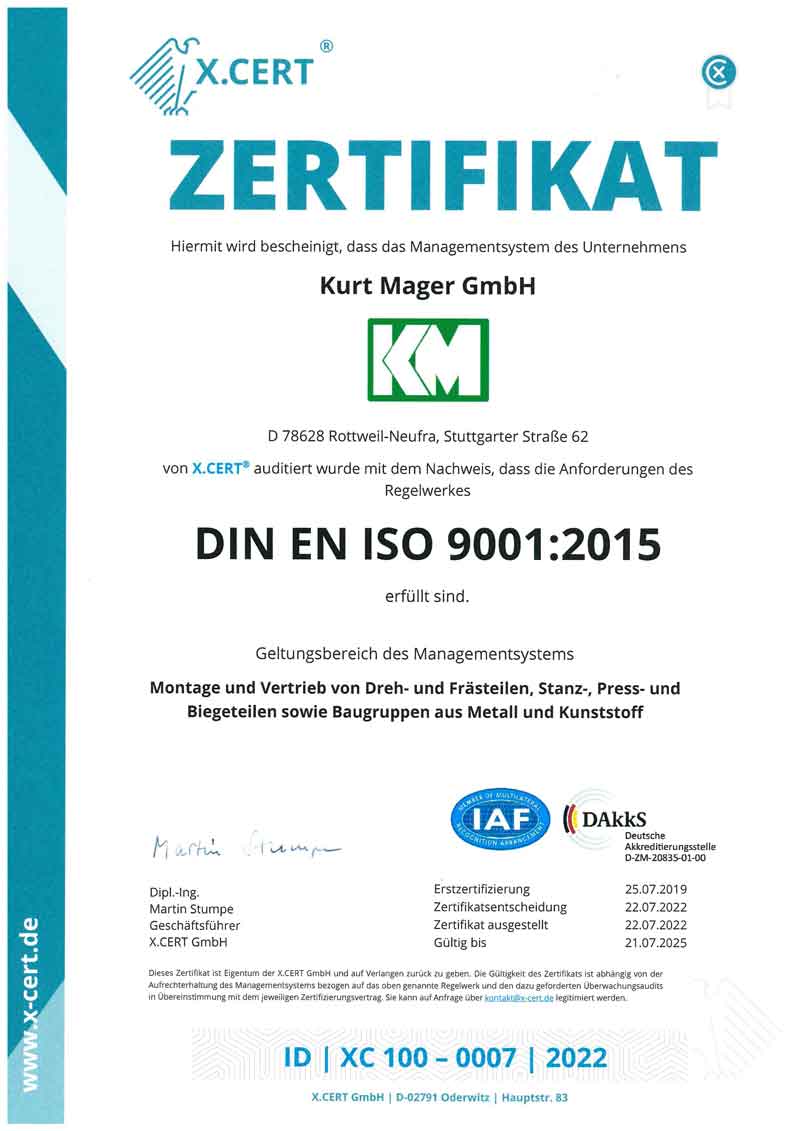 Kurt Mager Zertifikat ISO 9001:2015